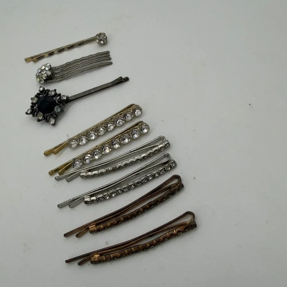 Vintage Rhinestone Hair Clip Lot Bobby Pins Comb Silver Gold Tone 9pc